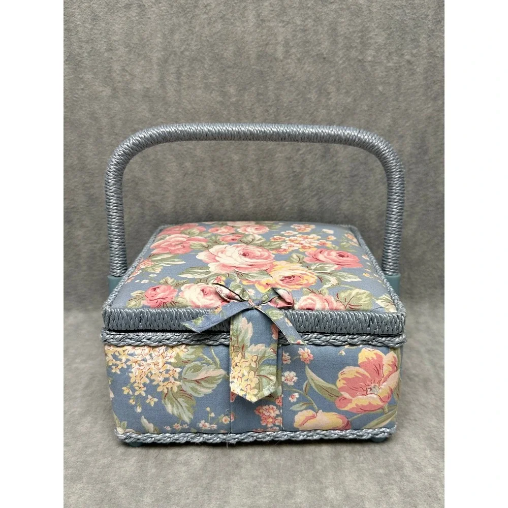 Vintage‎ Floral Sewing Basket Blue Pink Rose Craft Organizer with Tray Handle